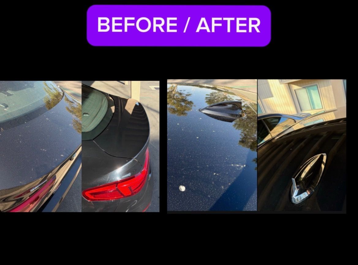 Before and after comparison of professional auto detailing showing dramatic improvement on car exterior