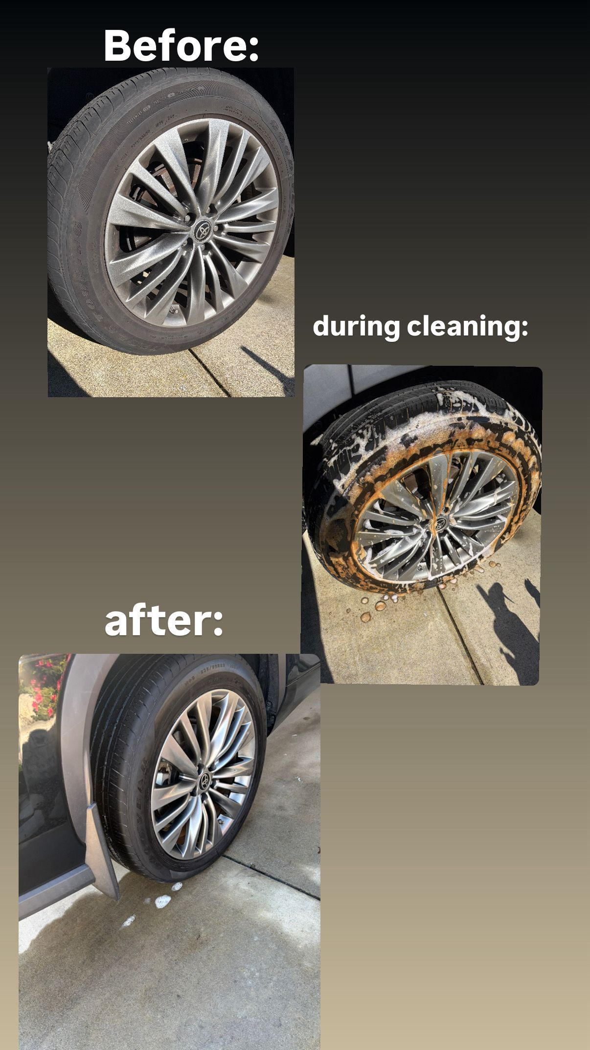 Wheel cleaning process showing before, during cleaning, and after results with a spotless finish